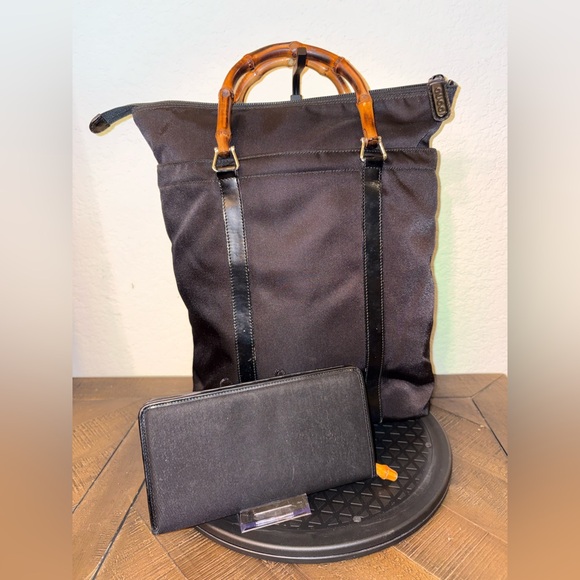 Gucci Handbags - Gucci Bamboo Handle Black Nylon Tote Bag + Matching Wallet Y2K Italy Authentic